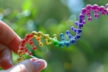 Pink digital DNA helix held in hand, dark background, glowing particles, intricate molecular structure, scientific visualization