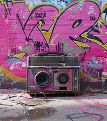Fototapeta premium Urban Graffiti and Vintage Radio: A Contrast of Urban Aesthetics