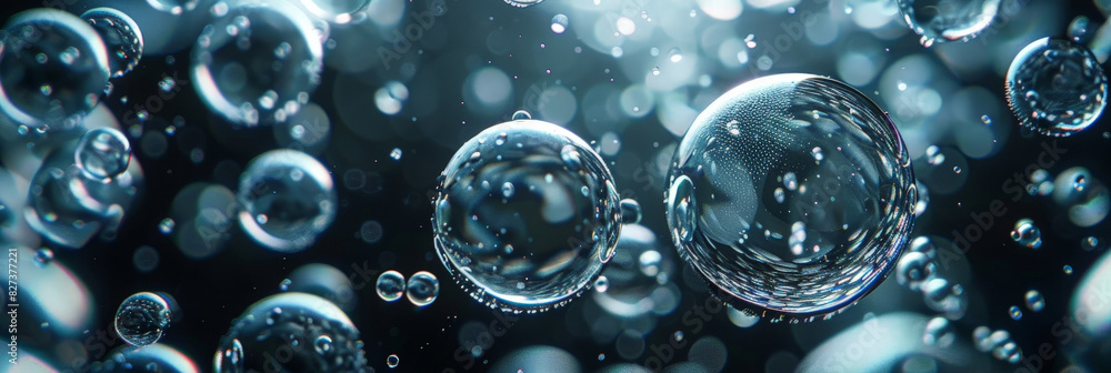 Poster floating water bubbles in dark background with sparkling reflections and bokeh effect creating a mes
