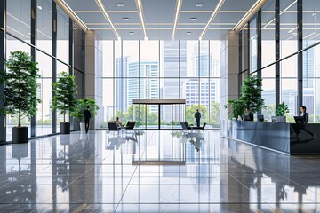 Modern Office Interior with Large Windows and Reflective Flooring