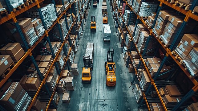 A busy warehouse with forklifts and workers, symbolizing efficient logistics operations.