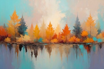 Obraz premium Colorful abstract autumn landscape forest wood trees painting with vibrant colors, seasonal theme concept texture design.