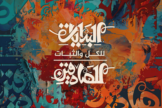 Arabic Calligraphy. A work of art on multi color background. "The beginnings of all and steadfastness for the honest"