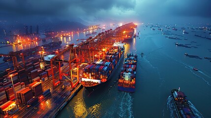 A cargo ship docked at a port with cranes unloading containers, illustrating economic trade.
