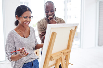 Woman, happy and instructor in studio as art creative for painting, inspiration and talent workshop...