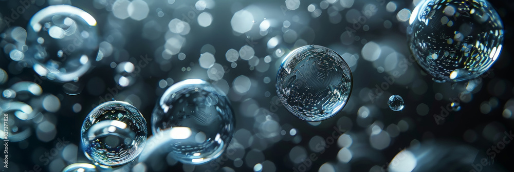 Poster floating water bubbles in dark background with sparkling reflections and bokeh effect creating a mes