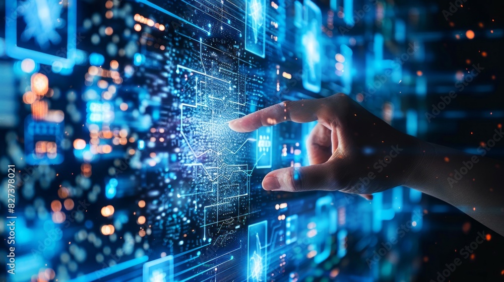 Poster a hand pointing at a computer screen with a blue background
