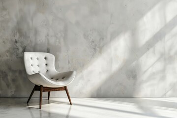 Stylish white buttoned armchair in a bright room with concrete wall and sun rays