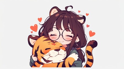 It s super easy to edit this 2d cartoon sticker featuring an adorable tiger and a lovely girl