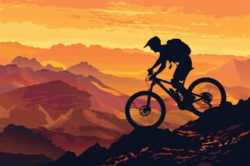 Adventure Cyclist on a Mountainous Terrain at Sunset