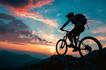 Fototapeta premium Adventurous Cyclist Embracing Sunset on Mountain Trail