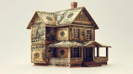 An illustration of a house made of money, representing real estate investment.