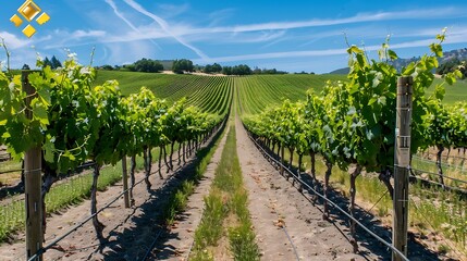 Naklejka premium Captivating Beauty: A Serene Vineyard Landscape, Where Vines Stretch into the Horizon, Bathed in Golden Sunlight, Inviting Tranquility and Wine-Lovers Alike.