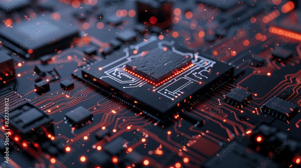 Poster a computer chip with a red glow