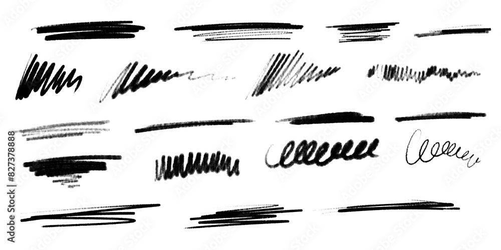 Poster marker lines isolated on transparent background. set of different doodle underlines, rough round sha