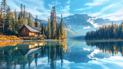 Tranquil lake scenery with trees and sky mirrored in water Cabin nestled among trees by the shore with mountains in the distance