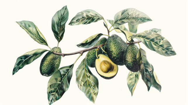Retro botanical drawing of an avocado tree with ripe avocados.academy, aesthetic,isolated on white background, old botanical illustration