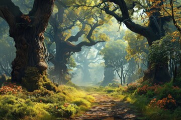 A beautiful fairytale enchanted forest with big trees and great vegetation background, AI-generated