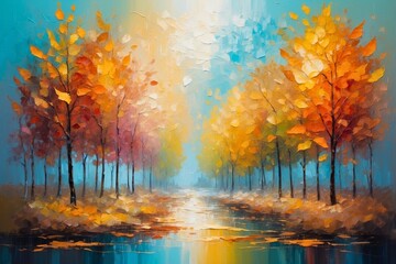 Colorful abstract autumn landscape forest wood trees painting with vibrant colors, seasonal theme concept texture design.