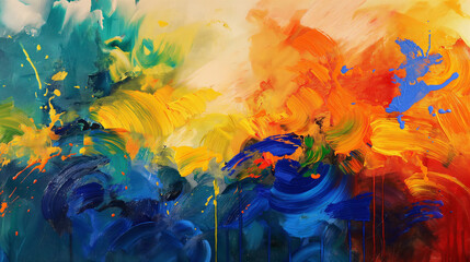 Dynamic acrylic painting alive with vibrant colors, bold strokes, and spontaneous expression. Rich hues celebrate boundless beauty and creativity.