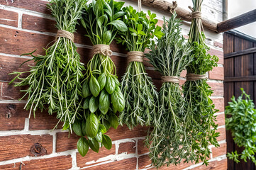 bunches of herbs hung to dry on a brick wall
