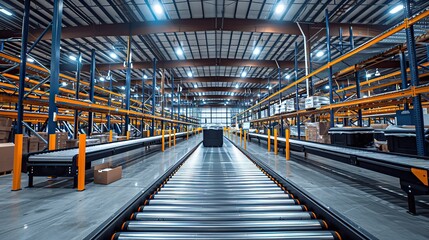 Naklejka premium A warehouse with conveyor belts and sorting machines.