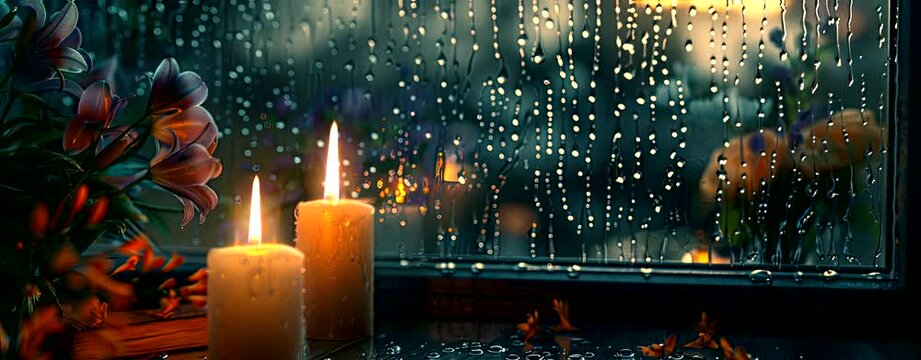 Rain falling on the window, flowing raindrops, candles, the comfortable sound of rain ASMR, books, cozy cafes and study rooms. Seamless looping time-lapse virtual 4k video animation background