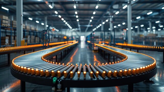 A warehouse with conveyor belts and sorting machines.