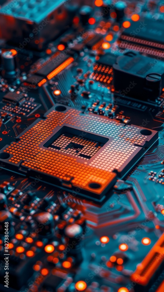 Poster a close up of a computer chip with a blue background