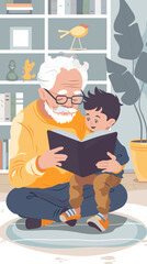 Grandfather and Grandson Enjoying Story Time Together, Mature Man Reading Book to Baby Boy at Home