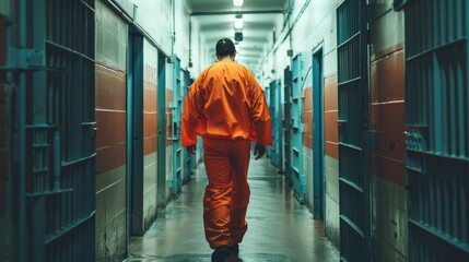 Fototapeta premium A man in an orange jumpsuit walks down a hallway