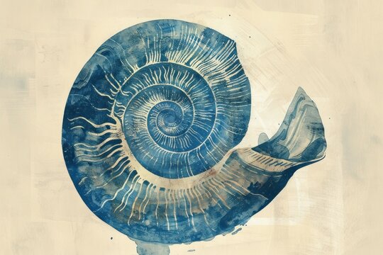 Blue watercolor illustration of ammonite shell in elegant beige background, nature and science theme