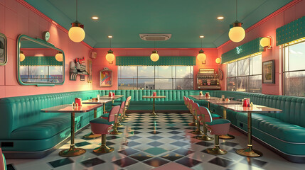 3d render of diner interior with teal and pink colour scheme, large windows, chequered floor, cute retro style