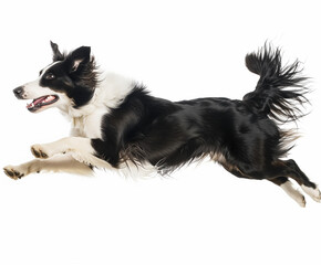 border collie on white background, mid sprint 4 paws off the ground