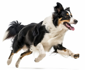 border collie on white background, mid sprint 4 paws off the ground