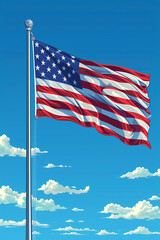 Obraz premium Closeup of the American flag on a high flagpole waving proudly against the blue sky.