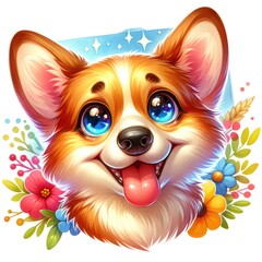  A cheerful watercolor cartoon Corgi dog with big, expressive, bright, and sparkling eyes. The Corgi has a happy, lively expression with its tongue out