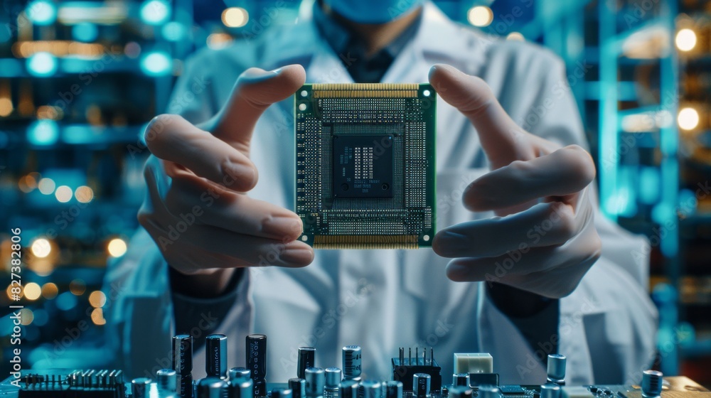 Poster a man is holding a computer chip in his hands