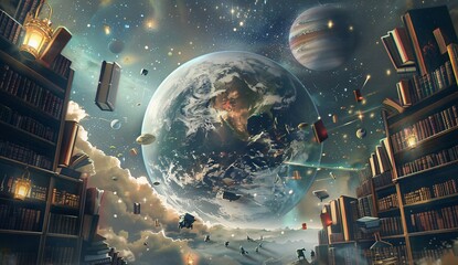 Cosmic Library: A Scene of Interstellar Exploration and Bookish Wonders