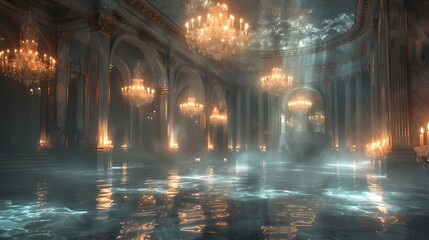 an elegant ballroom with chandeliers casting soft liquid hues