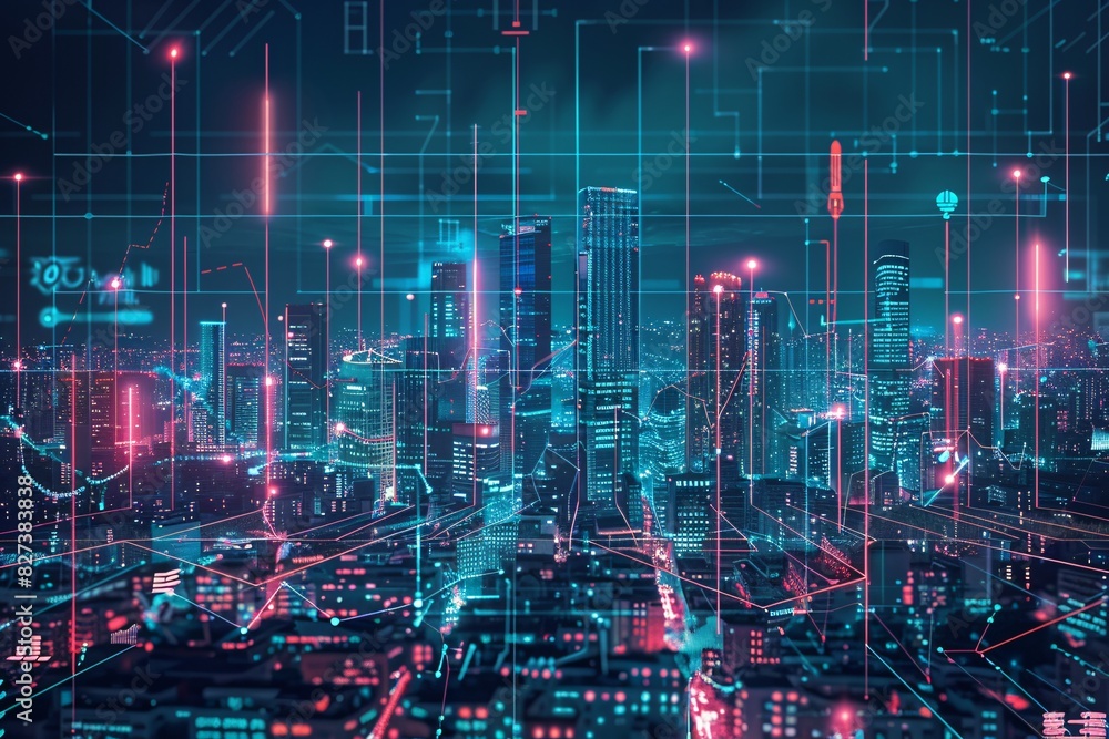 Poster cyber cityscape with futuristic digital lines and grid pattern