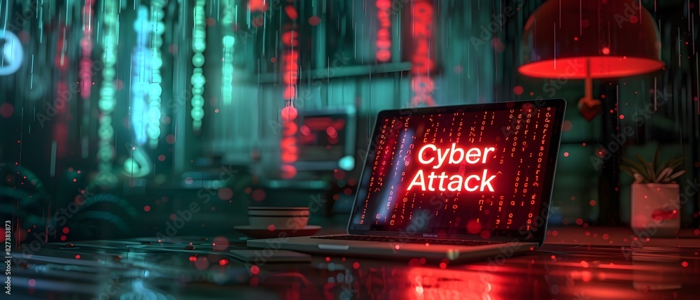 Poster laptop screen displaying a red cyber attack alert .on a background shows digital rain falling in gre