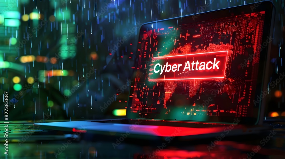 Poster laptop screen displaying a red cyber attack alert .on a background shows digital rain falling in gre