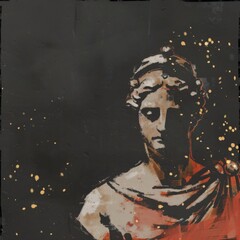 Obraz premium Iconic Sculpture Blending Ancient Greek and Roman Mythology with Stoical Expressionism Timeless Stoic Statue Showcasing Heroic Strength Resilience and Wisdom in an Epic Celestial Setting