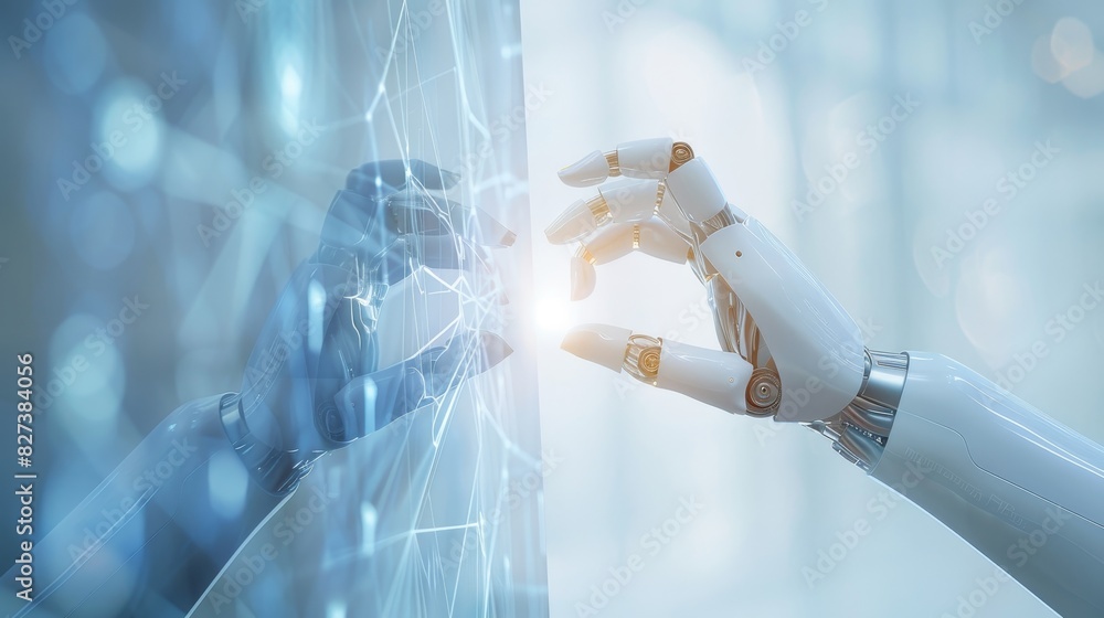 Poster robot and human hands touching on big data network connection background, technology concept