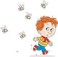 Funny little boy in fear quickly running away from angry buzzing bees, vector cartoon illustration on white
