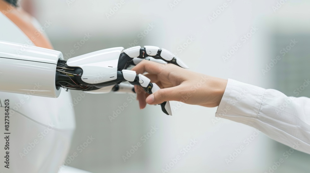 Poster robot and human hands touching on a network connection background with data flow