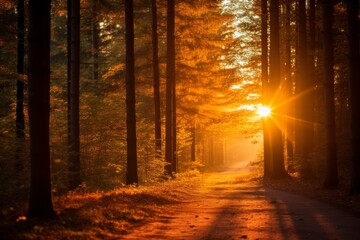 Enchanting Autumn Forest Scene With The Orange Sun Peeking Through Trees. Generative AI