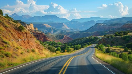 Serpentine mountain road, lush greenery and blue sky. Scenic route natural landscape, travel adventure concept.