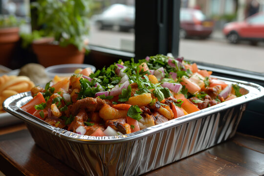 Traditional Dutch fast food kapsalon of french fries, meat, fresh salad and sauce